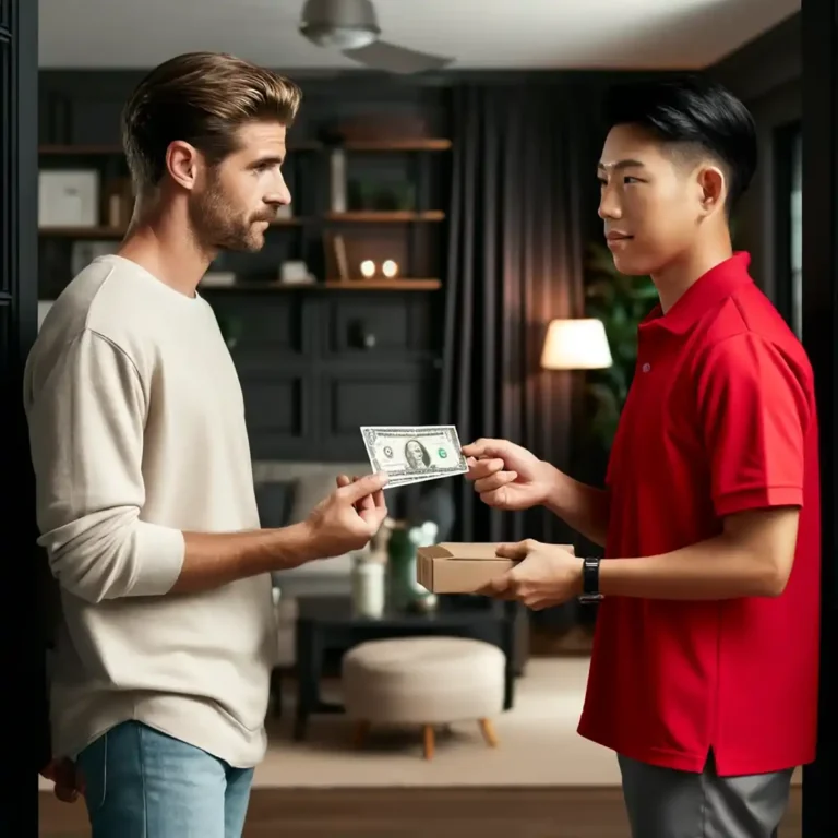 Customer handing cash to delivery person at the door, highlighting the cash payment option on DoorDash