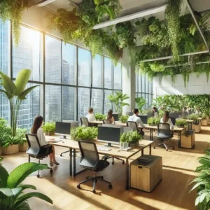 A modern office space filled with natural light and leafy green plants, creating a calming and refreshing atmosphere.